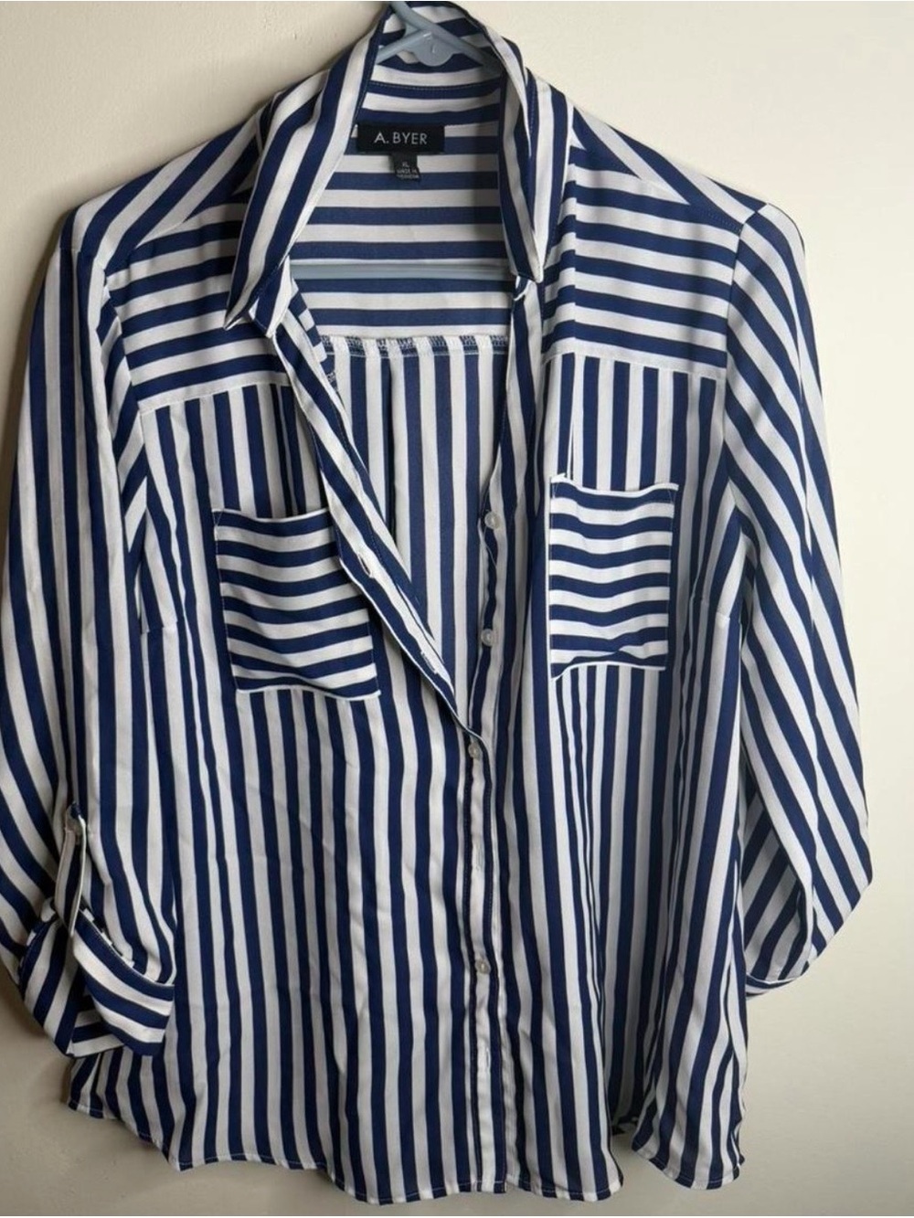 A. Byer Navy & White Striped Collared Shirt